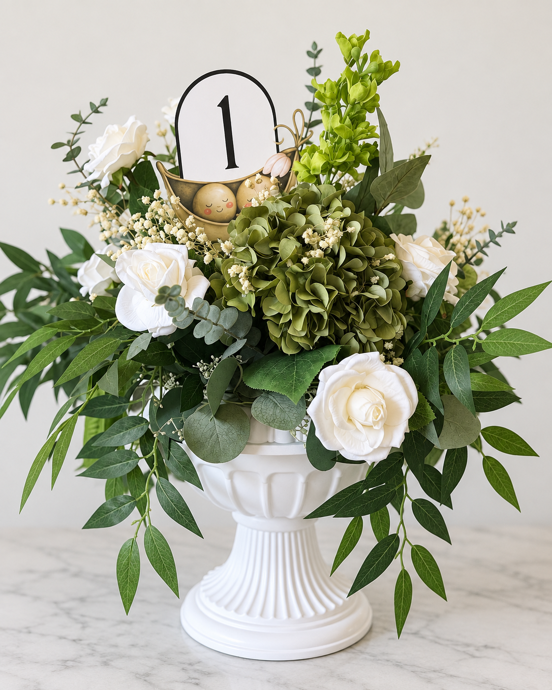 Green and white floral centerpiece