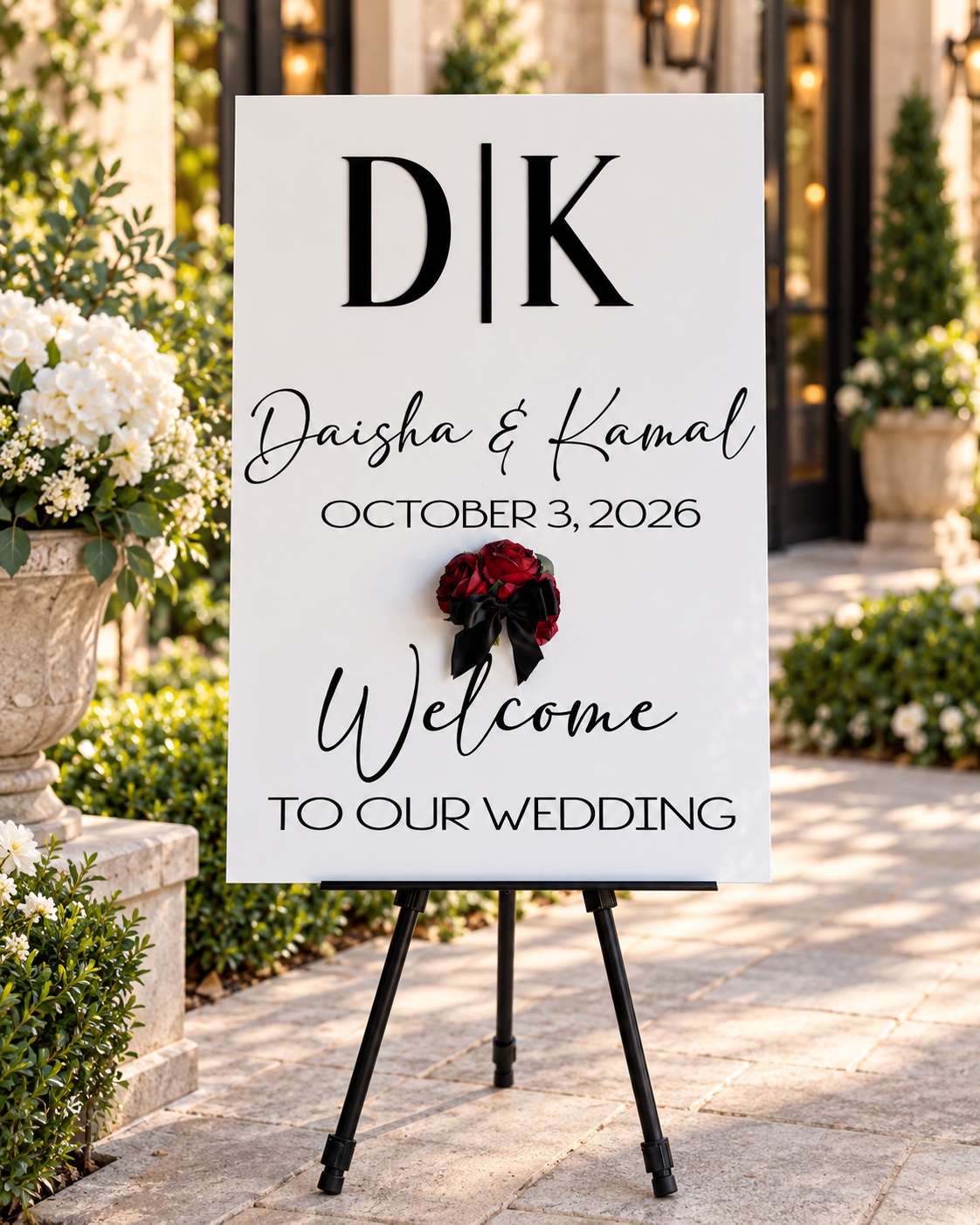 Custom wedding welcome sign with floral accent