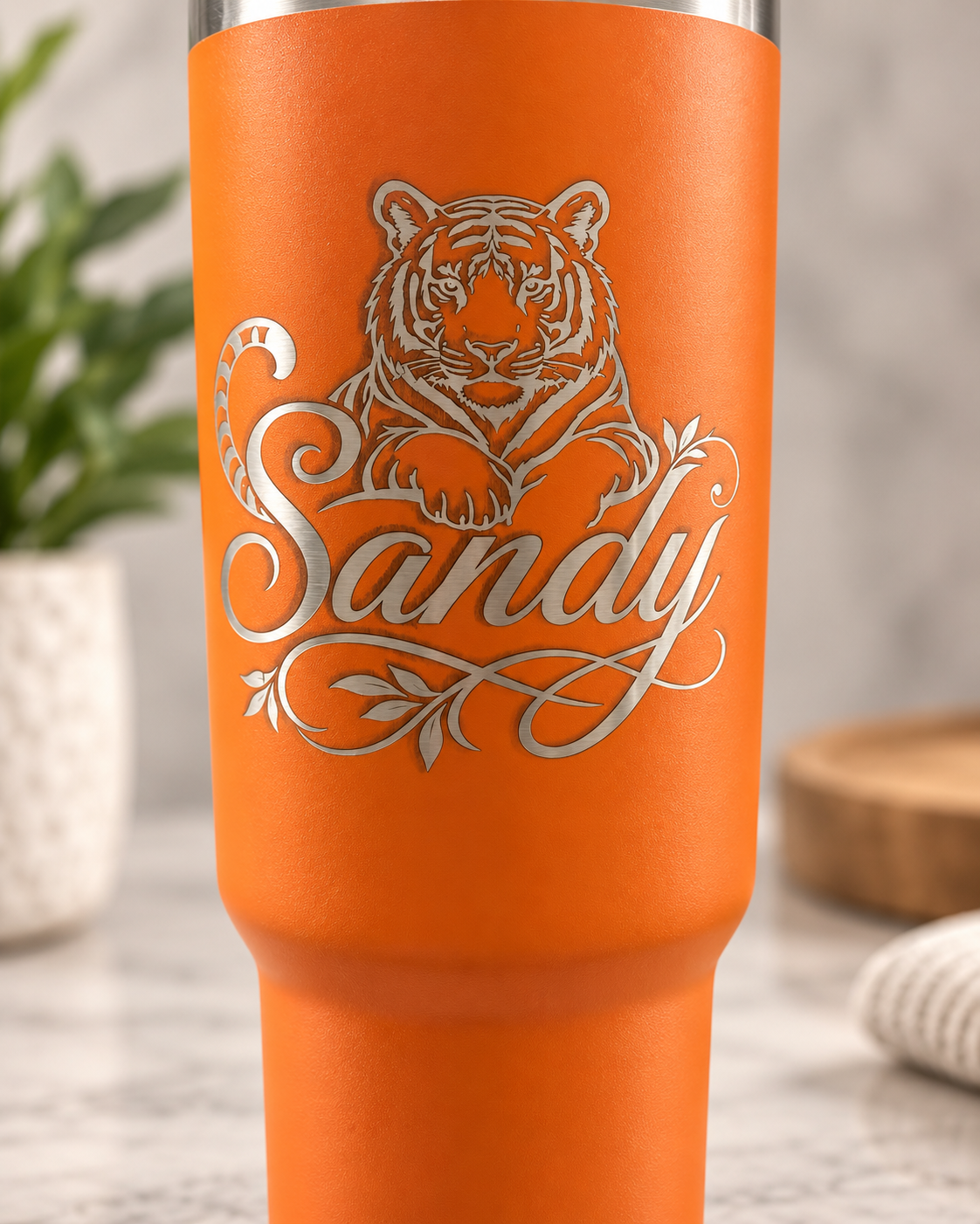 Engraved orange tiger tumbler